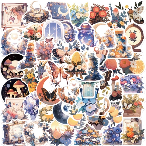 Mysterious Flower And Moon Waterproof PVC Stickers For Scrapbooking Laptop Guitar Journal Decorative Aesthetic Botanical Nature Decals