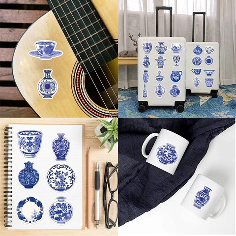 Blue White Porcelain Style Waterproof PVC Stickers Traditional Chinese Flower Pattern Decals For Laptop Luggage Guitar DIY Decor