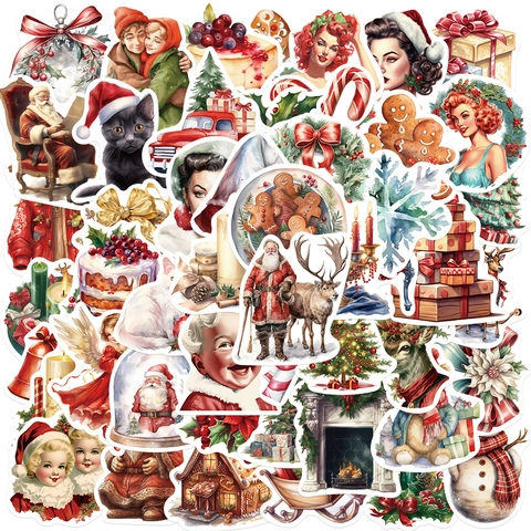 Adesivi Natalizi Vintage Decalcomanie in PVC Impermeabili per Fai da Te Scrapbook Laptop Chitarra Bagagli Decorazione Estetica Vacanze