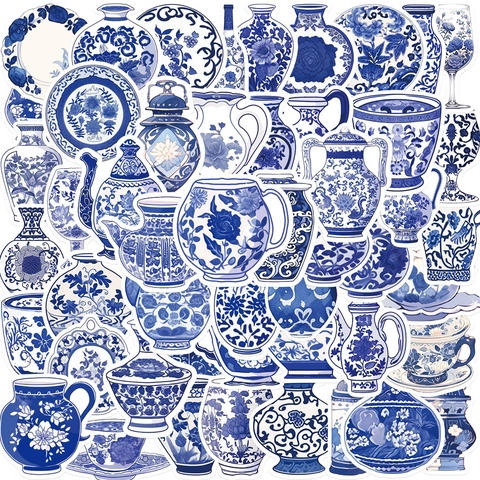 Blue White Porcelain Style Waterproof PVC Stickers Traditional Chinese Flower Pattern Decals For Laptop Luggage Guitar DIY Decor