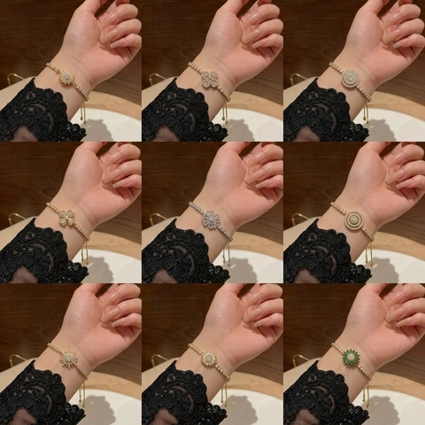 Rotating Flower Clover Bracelet For Women Stainless Steel Zirconia Adjustable Slider Clasp Fashion Jewelry Elegant Gift
