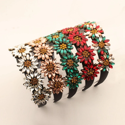 Luxe Strass Zonnebloem Haarband Voor Dames Breed Zwart Stof Stirnband Elegant Kristal Haaraccessoires Voor Feest Bruiloft