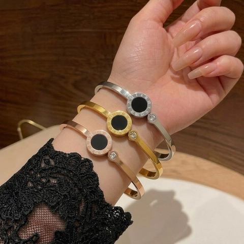 Brazalete de Moda de Acero Inoxidable con Números Romanos para Mujer Lujo Oro Rosa Oro Plata Color Disco Negro Zirconia Joyería Regalo
