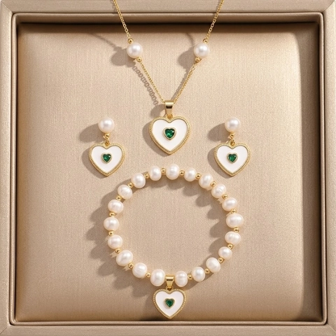 Französisches Vintage Herz Muschel Schmuckset Edelstahl Vergoldet Süßwasserperle Halskette Ohrringe Armband Mit Grünem Zirkonia Schmuck Für Damen