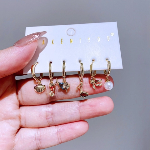 Set di Orecchini in Rame Placcato Oro Con Zirconia Conchiglia Cavalluccio Marino Pesce Nota Musicale Perla Artificial Per Donna