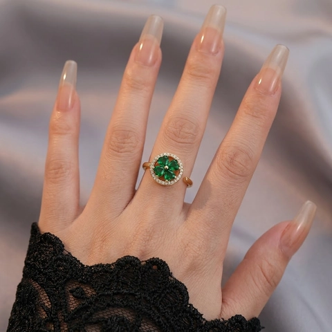 Elegant Clover Adjustable Ring Gold Plated Alloy With Emerald Green Zircon And Sparkling Rhinestones For Women