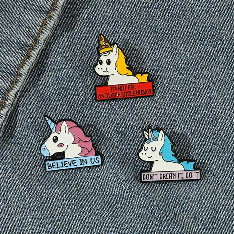 Creative Cartoon Unicorn Enamel Brooch Pin Alloy Baking Varnish Metal Badge With Funny Quotes For Clothes Backpack Accessory