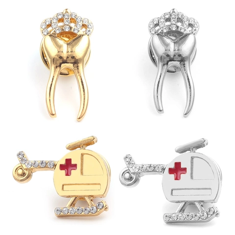 Alloy Rhinestone Medical Tooth Crown And Helicopter Brooch For Doctors Dentists Gold Silver Rescue Badge Jewelry Lapel Pin Gift