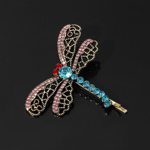 Vintage Legering Libel Haarspeld Broche Met Roze Blauwe Strass Holle Insect Haarnadel Voor Halloween Feest Sieraden