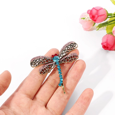 Vintage Legering Libel Haarspeld Broche Met Roze Blauwe Strass Holle Insect Haarnadel Voor Halloween Feest Sieraden