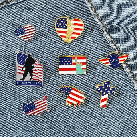 Patriotic American Flag Enamel Brooch Pin Set For Men Women Metal Heart Eagle Cross Map Badge Independence Day Gift Jewelry