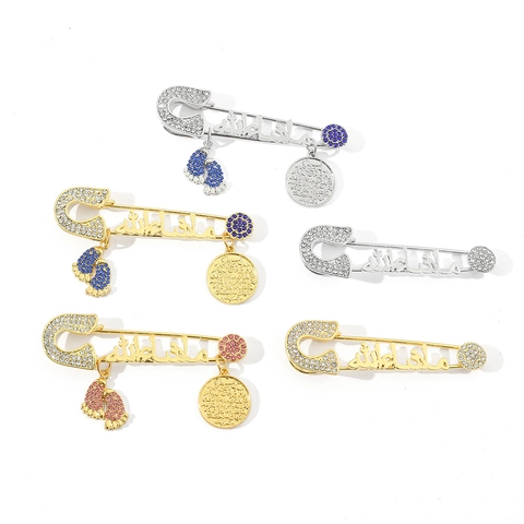 Islamic Muslim Mashallah Safety Pin Brooch With Baby Footprint Coin Pendant Alloy Rhinestone Brooch For Kids Baby Clothing Accessory