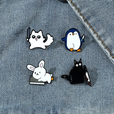 Funny Cartoon Animal Enamel Pins Mischievous Cat Goose Frog Rabbit Holding Knife Alloy Brooch Mischief Badge For Backpack Clothes Accessory
