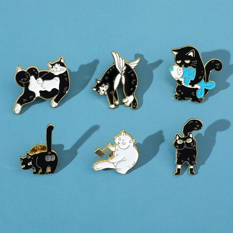 Funny Cartoon Cat Enamel Pin Set Black White Alloy Holding Fish Badge Brooch For Clothes Backpack Cat Lover Gift Unisex Jewelry