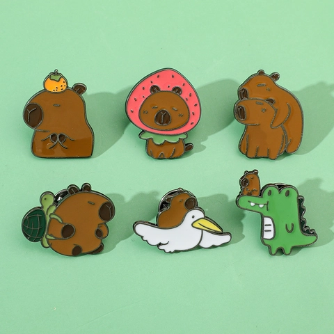 Cartoon Capybara Enamel Brooch Cute Animal Capybara With Orange Strawberry Hat Crocodile Pelican Alloy Pin Badge For Bags