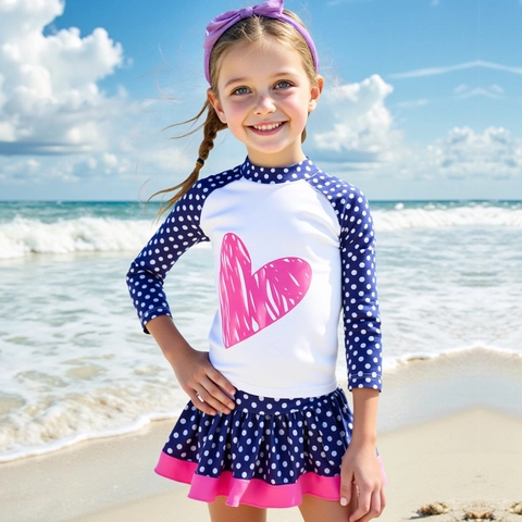 Meisjes Lange Mouw Zonbescherming Badpak Stippen Hart Print Zwemkleding Ruffles Rok Bodem Top En Broek