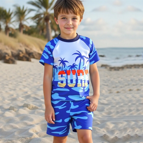 Boys Two Piece Swimsuit Tropical Coconut Tree Print Short Sleeve Top And Shorts Quick Dry Kids Surfing Bathing Suit Blue