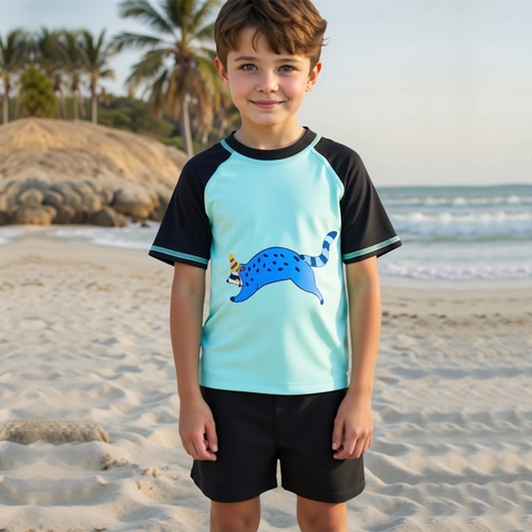Maillot de Bain Deux Pièces pour Garçons Imprimé Animal de Dessin Animé Protection Solaire Rash Guard Haut à Manches Courtes et Short pour Enfants