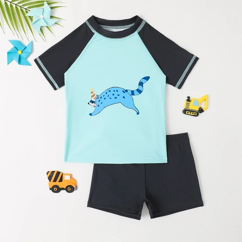 Maillot de Bain Deux Pièces pour Garçons Imprimé Animal de Dessin Animé Protection Solaire Rash Guard Haut à Manches Courtes et Short pour Enfants