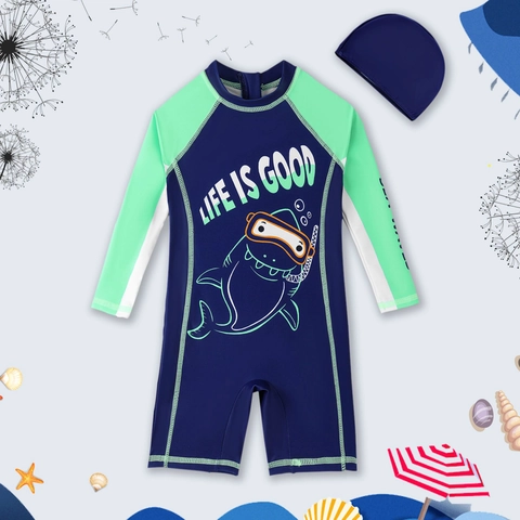 Maillot de Bain Une Pièce pour Garçons Manches Longues Protection Solaire Imprimé Requin Dessin Animé Séchage Rapide Avec Bonnet