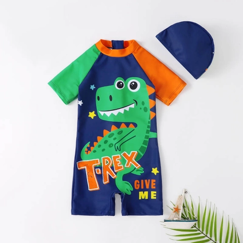 Bañador de Una Pieza de Dinosaurio para Niños con Gorro de Baño Protección Solar Secado Rápido Color Block
