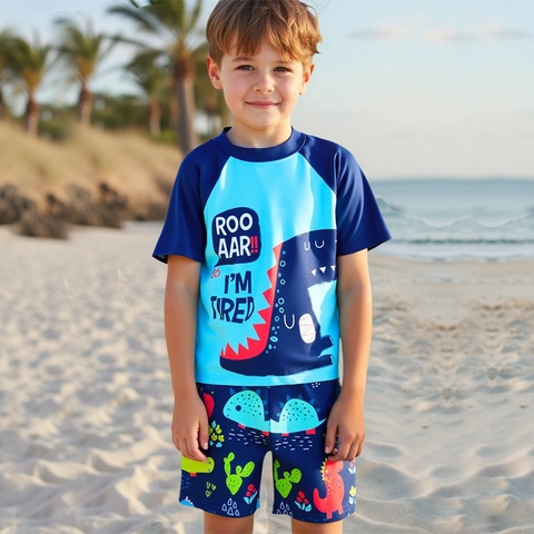 Ensemble De Maillot De Bain Pour Garçon Imprimé Dinosaure Dessin Animé Rashguard À Manches Courtes Short De Bain Et Chapeau Maillot De Bain Protection Solaire Pour Enfants Tenue De Sport Nautique Plage D'été