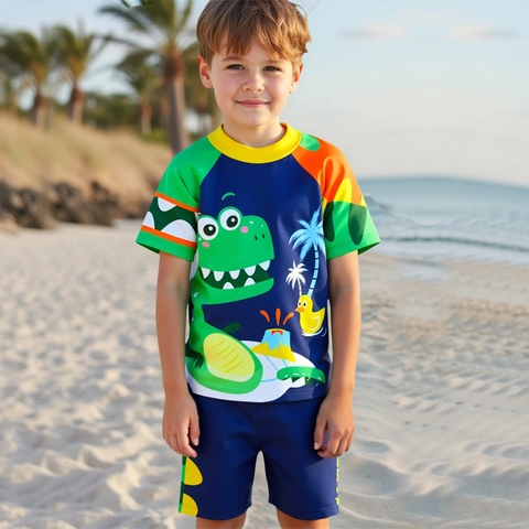 Ensemble de Maillots de Bain pour Garçons avec Imprimé de Dinosaures de Dessins Animés Comprenant un Haut Rash Guard à Manches Courtes un Caleçon de Bain et un Chapeau Assorti Protection Solaire à Séchage Rapide Maillot de Bain de Plage
