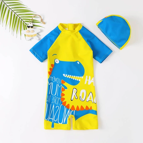 Maillot de Bain Une Pièce pour Garçons Motif Dinosaure Avec Bonnet de Bain Séchage Rapide Protection Solaire Manches Courtes Enfant Bleu Jaune