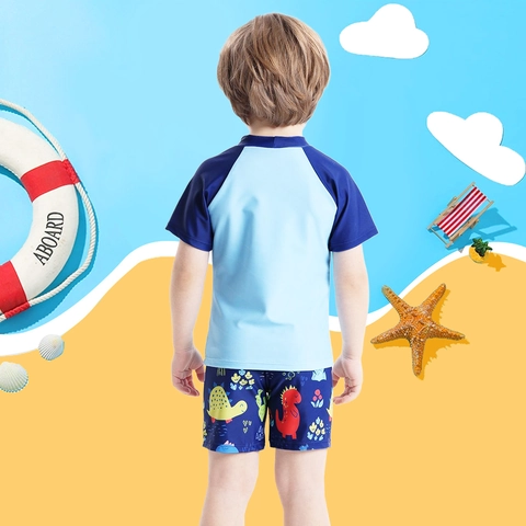 Maillot de Bain Dinosaure pour Garçons Comprenant Haut à Manches Courtes Et Short Et Bonnet pour Plage D'été