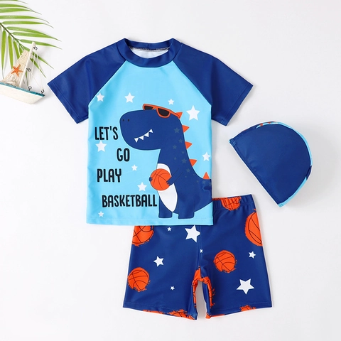 Maillot de Bain Enfant Garçon Imprimé Dinosaure Basket Haut Manches Courtes Shorts et Bonnet Protection Solaire Séchage Rapide