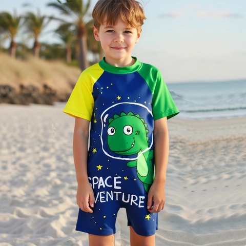 Jungen Einteiliger Badeanzug Mit Badekappe Cartoon Dinosaurier Weltraum Schnelltrocknend Kurzarm Sonnenschutz Badebekleidung Set