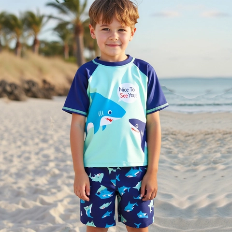Maillot de Bain Deux Pièces Motif Requin pour Garçons Ensemble Rash Guard Manches Courtes Séchage Rapide Protection Solaire Bleu Plage