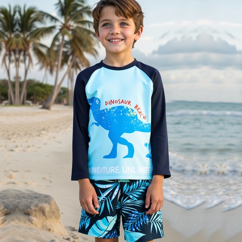Ensemble de Maillot de Bain pour Garçons Imprimé Dinosaure Protection Solaire Haut Raglan Manches Longues Short Feuilles Tropicales