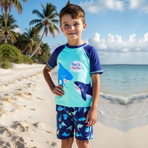 Maillot de Bain Deux Pièces Motif Requin pour Garçons Ensemble Rash Guard Manches Courtes Séchage Rapide Protection Solaire Bleu Plage