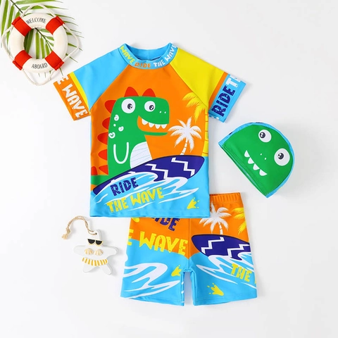 Garçons Rash Guard à Manches Courtes Dinosaure Dessin Animé Avec Short Et Bonnet de Bain Maillot de Bain Séchage Rapide Protection Solaire