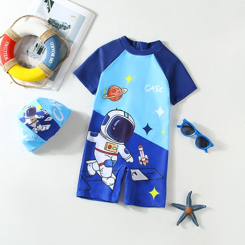 Boys One Piece Swimsuit With Swim Cap Astronaut Rocket Pattern Short Sleeve Quick Dry Rash Guard Sun Protection Blue Bathing Suit