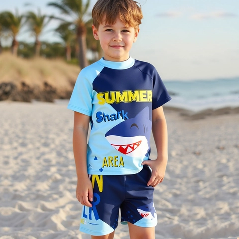 Jungen Hai Print Badeanzug Set Schnelltrocknend Kurzarm Top Hose Und Kappe Für Kinder Schwimmen Strand Urlaub