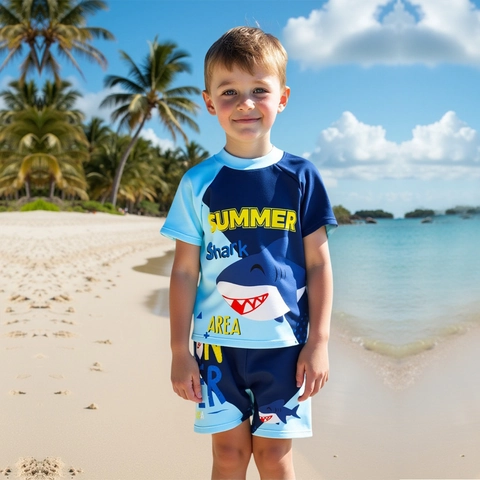 Jungen Hai Print Badeanzug Set Schnelltrocknend Kurzarm Top Hose Und Kappe Für Kinder Schwimmen Strand Urlaub