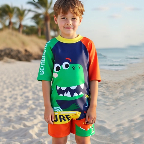 Maillot de Bain Une Pièce Dinosaure de Dessin Animé pour Garçons Avec Bonnet de Bain Séchage Rapide Enfants Surf Rash Guard