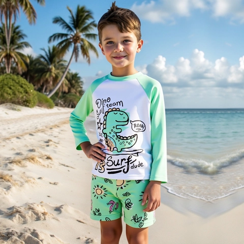 Boys Long Sleeve Swimwear Rash Guard And Shorts Set Dinosaur Pattern Sun Protection Quick Dry Kids Beach Surfing Swimsuit