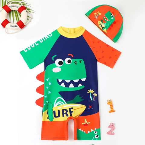 Maillot de Bain Une Pièce Dinosaure de Dessin Animé pour Garçons Avec Bonnet de Bain Séchage Rapide Enfants Surf Rash Guard