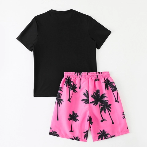 Jungen Tropisch Schnelltrocknend Bademode Oberteil Und Palme Druck Strand Shorts Für Sommerurlaub Kinder Rundhals Rash Guard