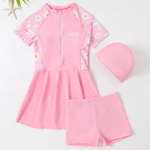 Maillot de Bain une Pièce Rose pour Filles Avec Bonnet et Shorts Imprimé Marguerite Lapin Séchage Rapide Surf