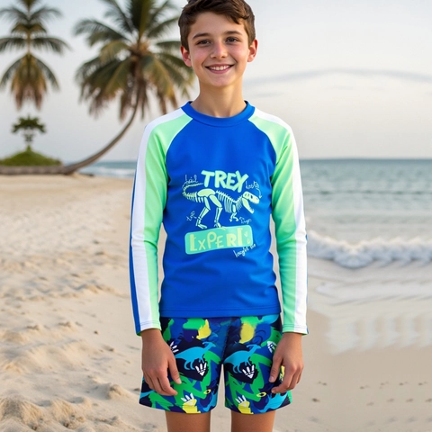Boys Long Sleeve Rash Guard Swimsuit Set Sun Protection Dinosaur Printed Top And Trunks Bathing Suit For Kids Summer Water Sports