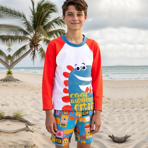 Jungen Langarm Badeanzug Oberteil Und Badehose Dinosaurier Druck Schnelltrocknend Rash Guard Sonnenschutz Zweiteilig Strandmode
