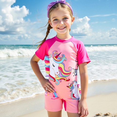 Girls One Piece Swimsuit Short Sleeve Unicorn Rainbow Pattern With Ruffles Back Zipper Kids Beach Swimwear