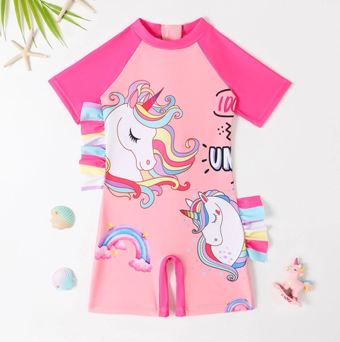 Maillot de Bain Une Pièce Licorne pour Filles Manches Courtes Volants Arc-en-Ciel Fermeture Éclair Été Plage pour Enfants