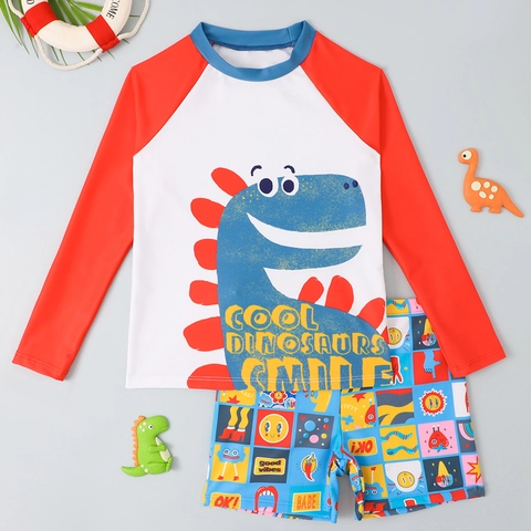 Jungen Langarm Badeanzug Oberteil Und Badehose Dinosaurier Druck Schnelltrocknend Rash Guard Sonnenschutz Zweiteilig Strandmode