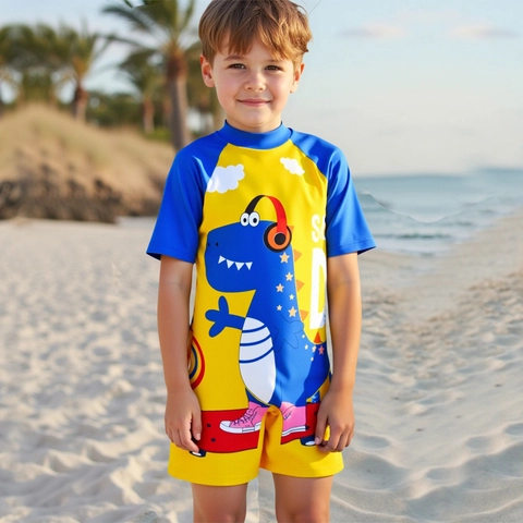 Maillot de Bain Une Pièce pour Enfants Garçons Imprimé Dinosaure Cartoon Planche à Roulettes Manches Courtes Séchage Rapide