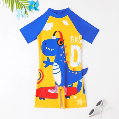 Maillot de Bain Une Pièce pour Enfants Garçons Imprimé Dinosaure Cartoon Planche à Roulettes Manches Courtes Séchage Rapide